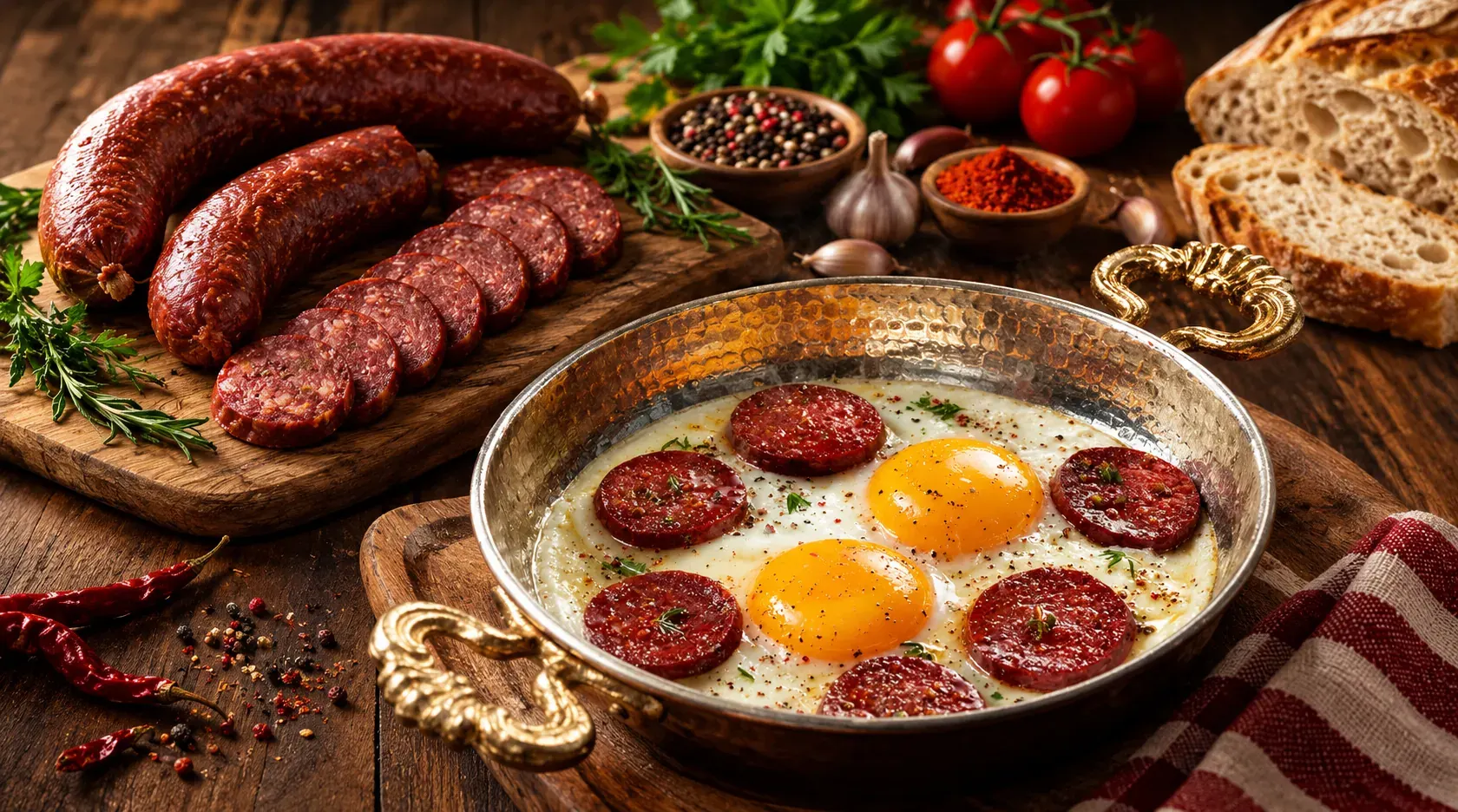 Bakır sahanda sucuklu yumurta ve Kayseri sucuğu