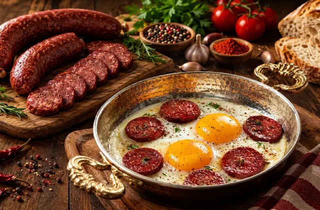 Bakır sahanda sucuklu yumurta ve Kayseri sucuğu