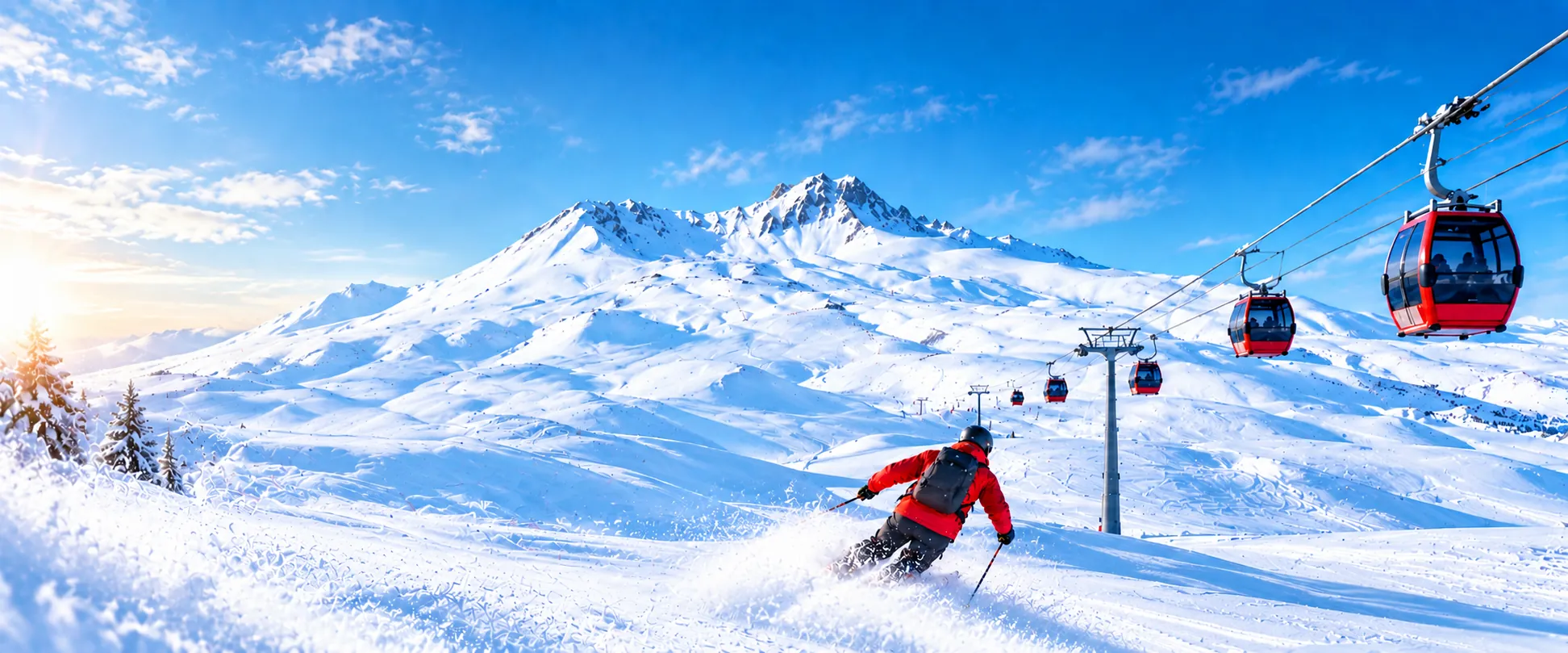 Erciyes'te kayak yapan bir kayakçı ve teleferik