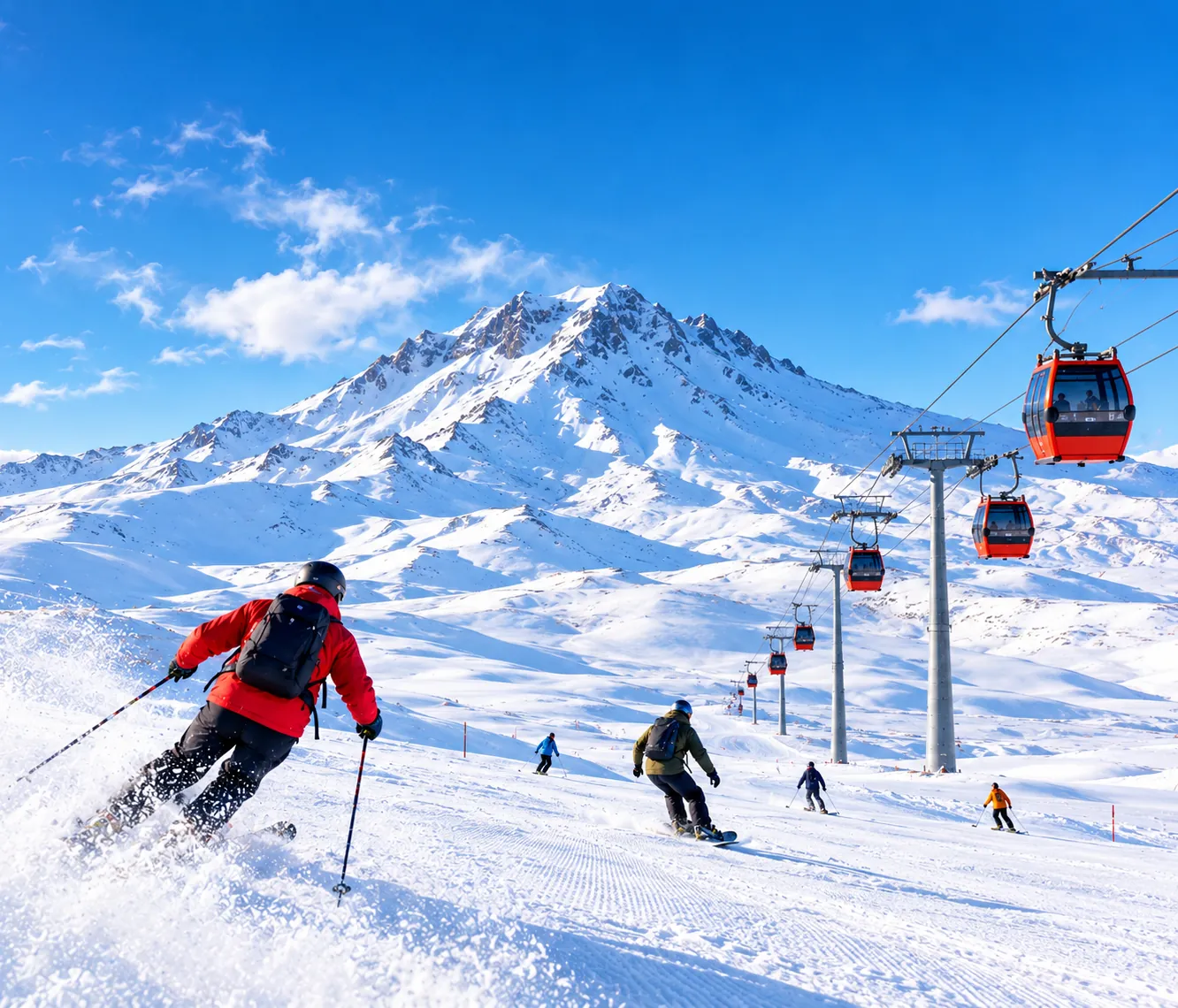 Erciyes'in karlı yamaçları ve teleferik