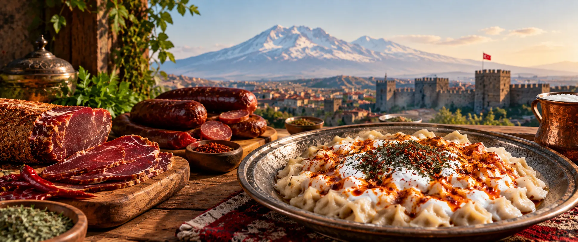 Pastırma, sucuk ve mantı; arkada Kayseri Kalesi ve Erciyes