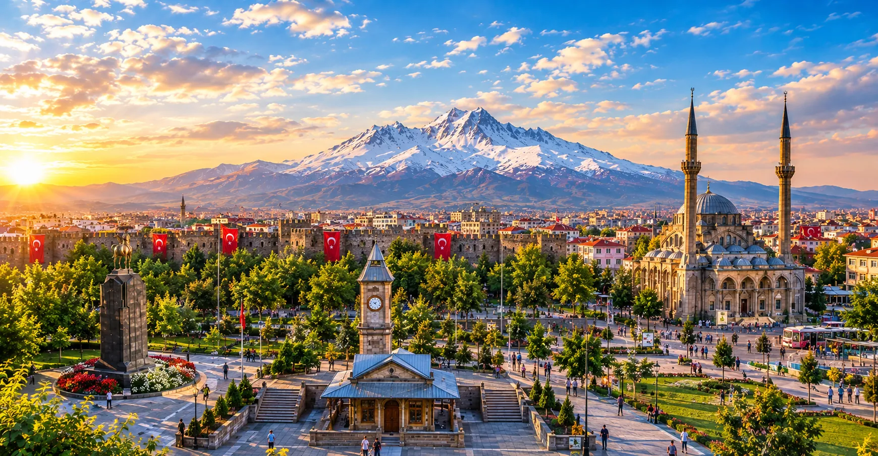 Kayseri Kalesi, Saat Kulesi, cami ve arkada Erciyes Dağı